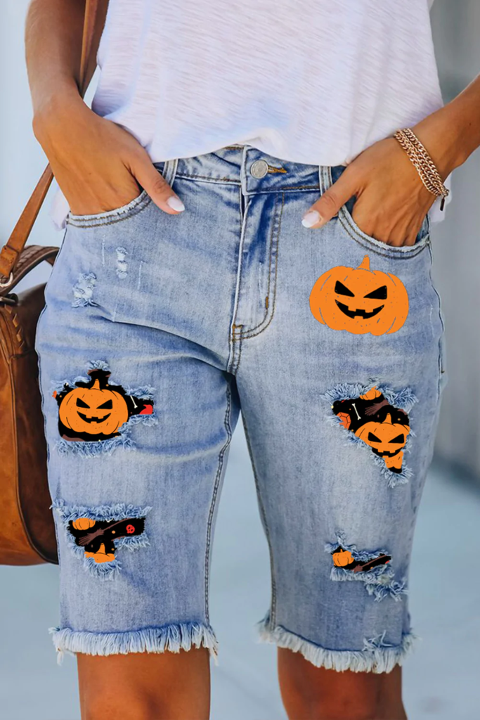 Light Blue Pumpkin Bone Claws Print Distressed Denim Shorts