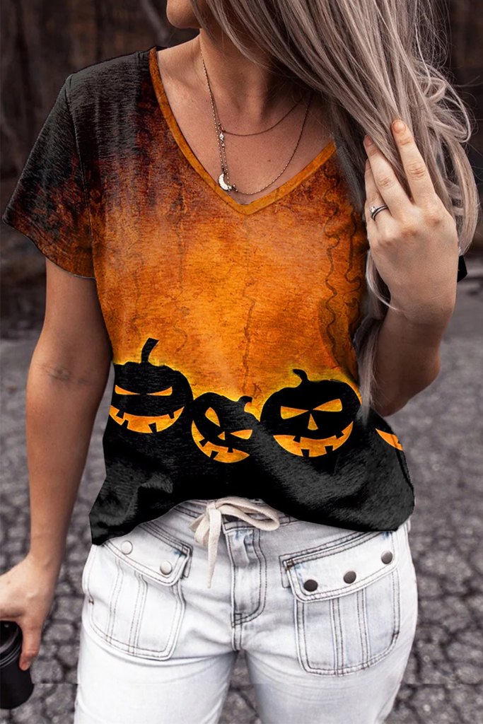 ORANGE EVIL JACK-O-LANTERN GRAPHIC V-NECK LOOSE T-SHIRT