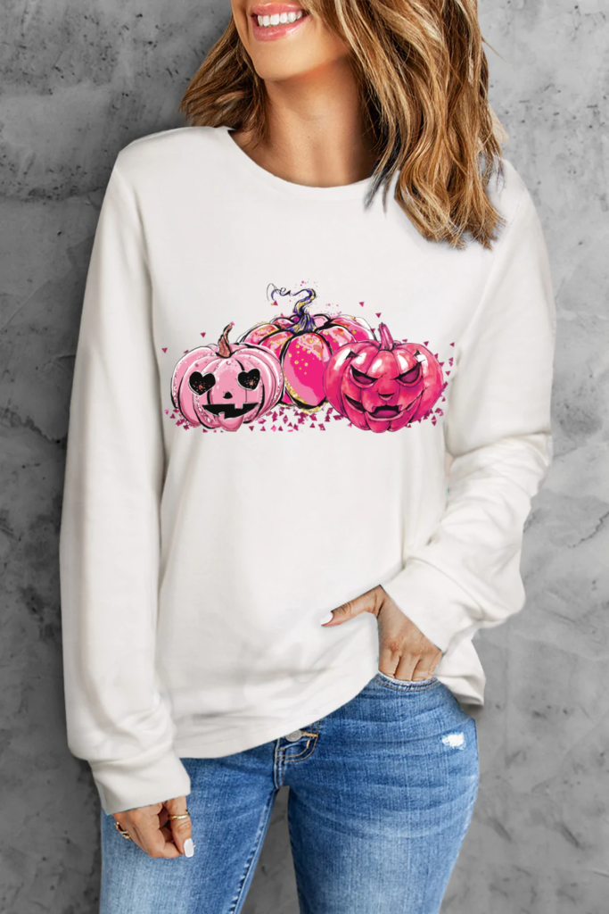 Pink Pumpkin Lantern Round Neck Sweatshirt